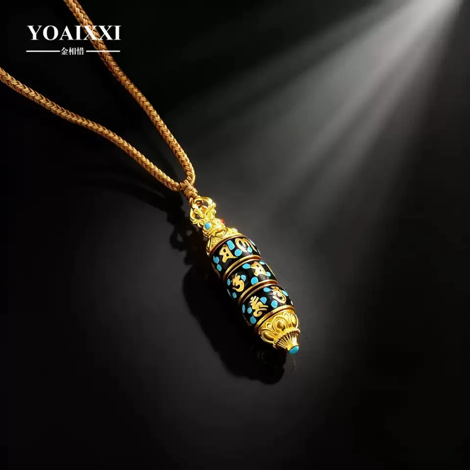 金相惜 金相惜古法足金半空心珐琅彩六字真言莲花天珠挂绳吊坠(可转动) · 古法黄金·珐琅彩